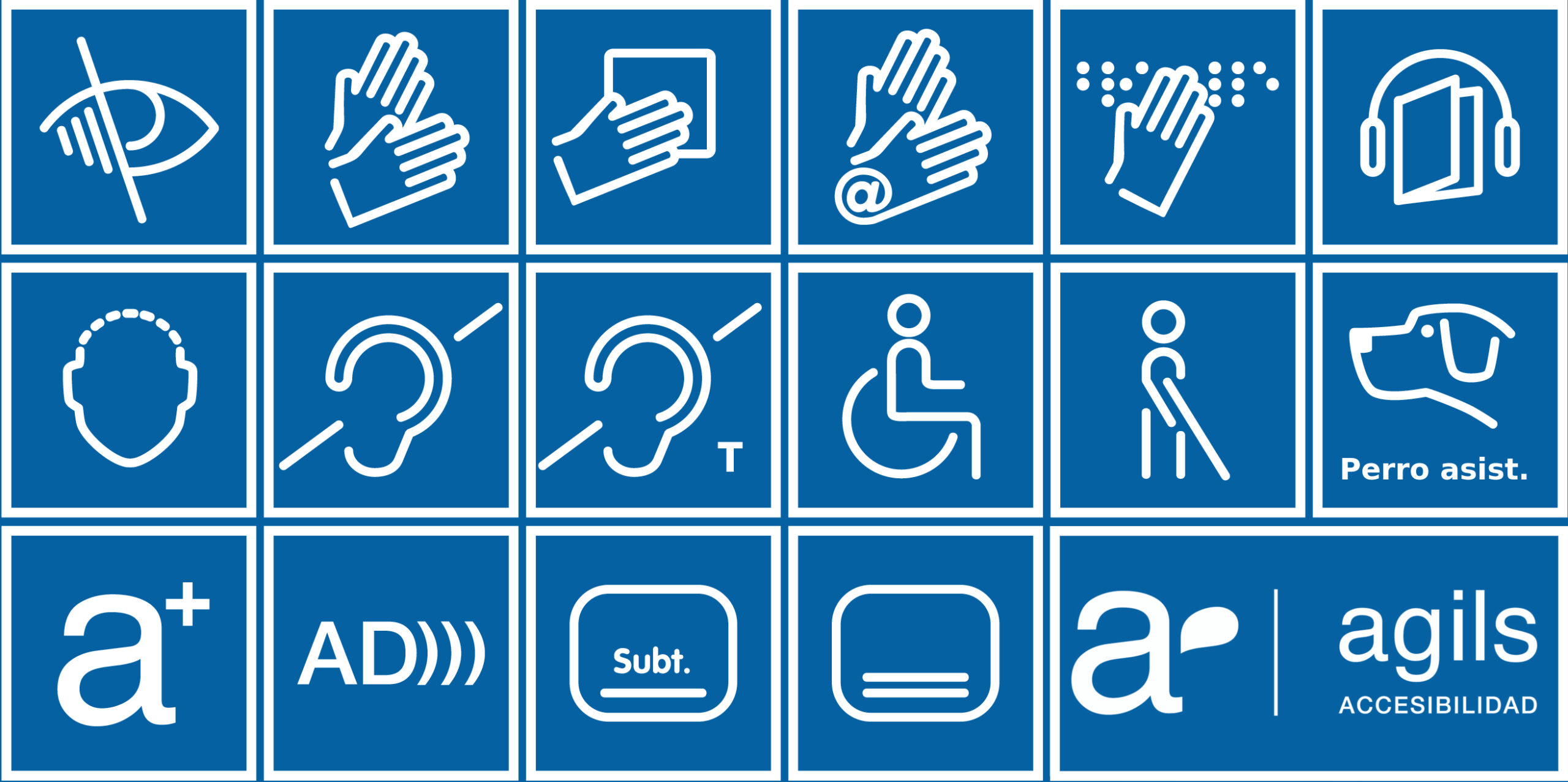 Conjunto de pictogramas de accesibilidad AGILS, versión con fondo azul
