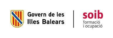 Logotip del Govern de les Illes Balears i del SOIB, Servei d'Ocupació de les Illes Balears, amb el lema "formació i ocupació".