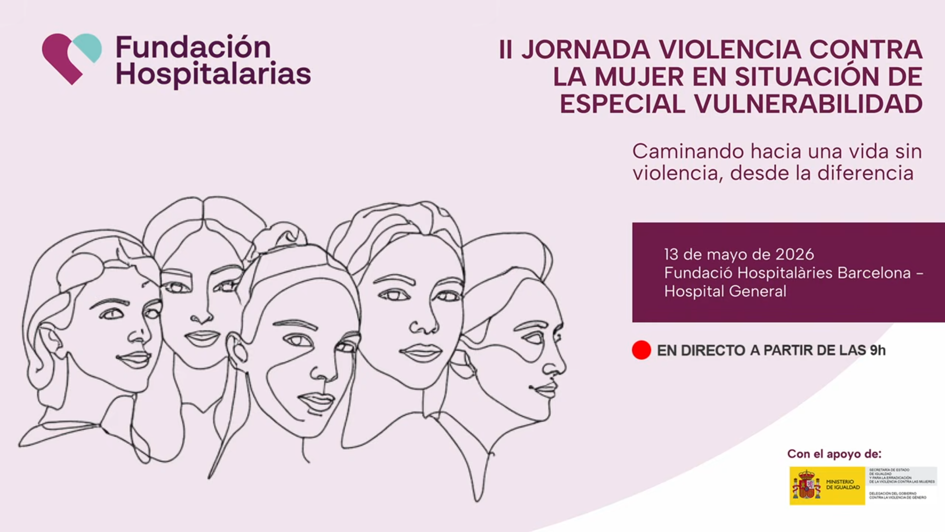 Cartell de la II Jornada Violència contra la Dona en Situació d’Especial Vulnerabilitat de Fundación Hospitalarias, amb il·lustració de diverses dones i informació sobre la jornada celebrada el 13 de maig de 2026.