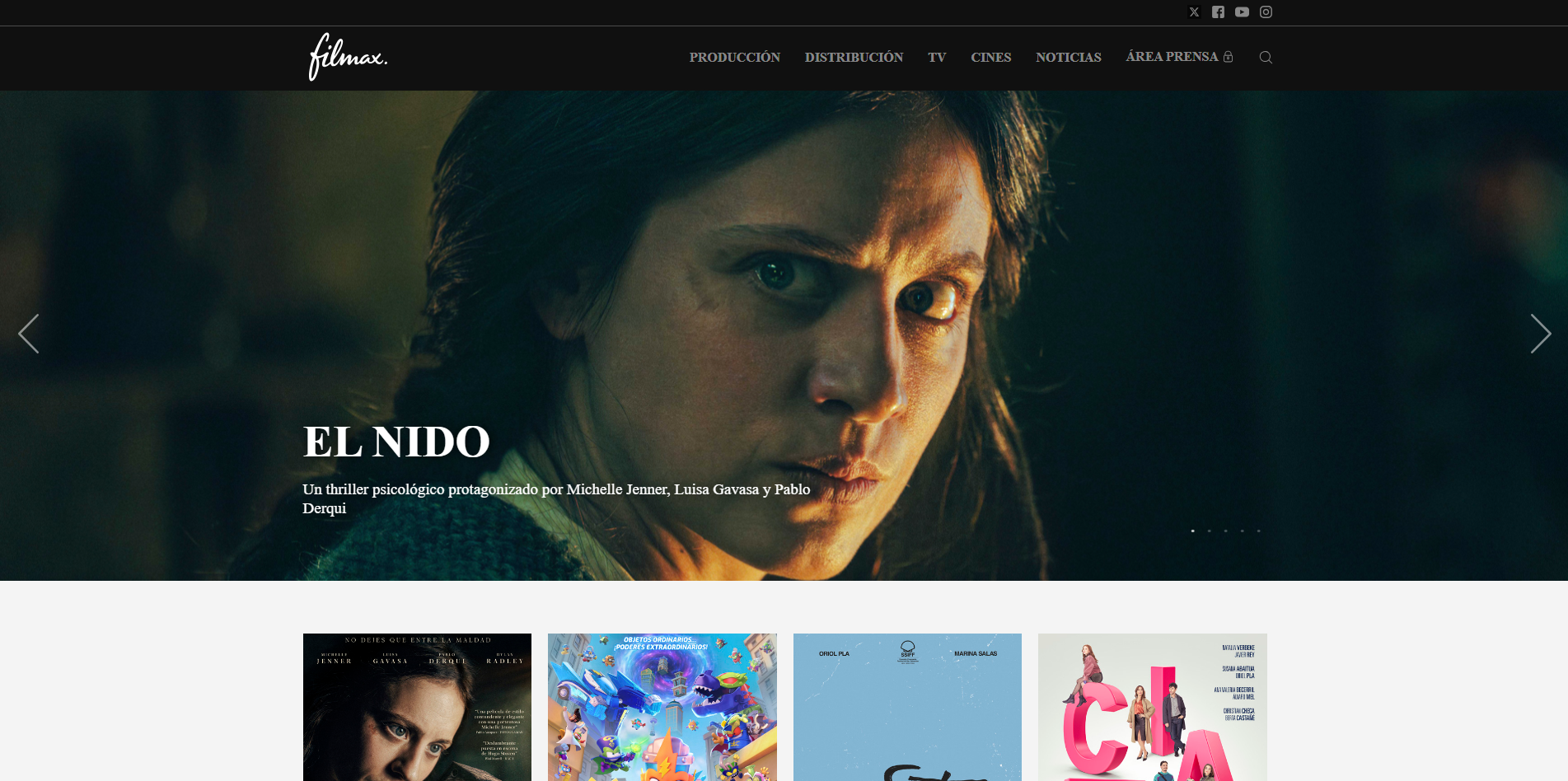 Captura de la pàgina d'inici del web de Filmax, amb el menú principal (Producción, Distribución, TV, Cines, Noticias, Área Prensa) i un carrusel destacant la pel·lícula "El nido".