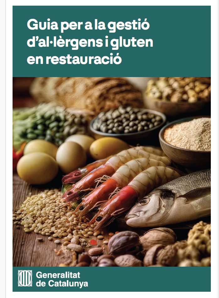 Portada de la guia, amb el títol sobre fons verd i una fotografia d'aliments diversos (marisc, peix, llegums, fruits secs) i el logotip de la Generalitat de Catalunya