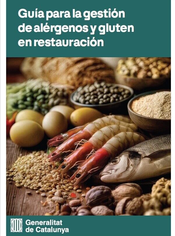 Portada de la primera guía, con el título sobre fondo verde y una fotografía de alimentos diversos (marisco, pescado, legumbres, frutos secos) y el logotipo de la Generalitat de Catalunya.