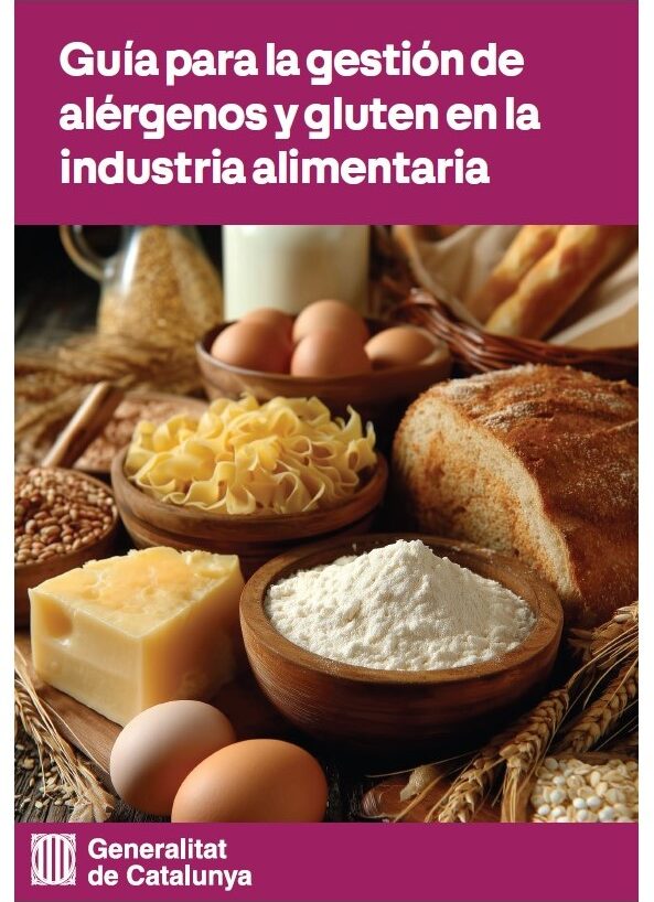 Portada de la segunda guía, con el título sobre fondo granate y una fotografía de alimentos y el logotipo de la Generalitat de Catalunya.
