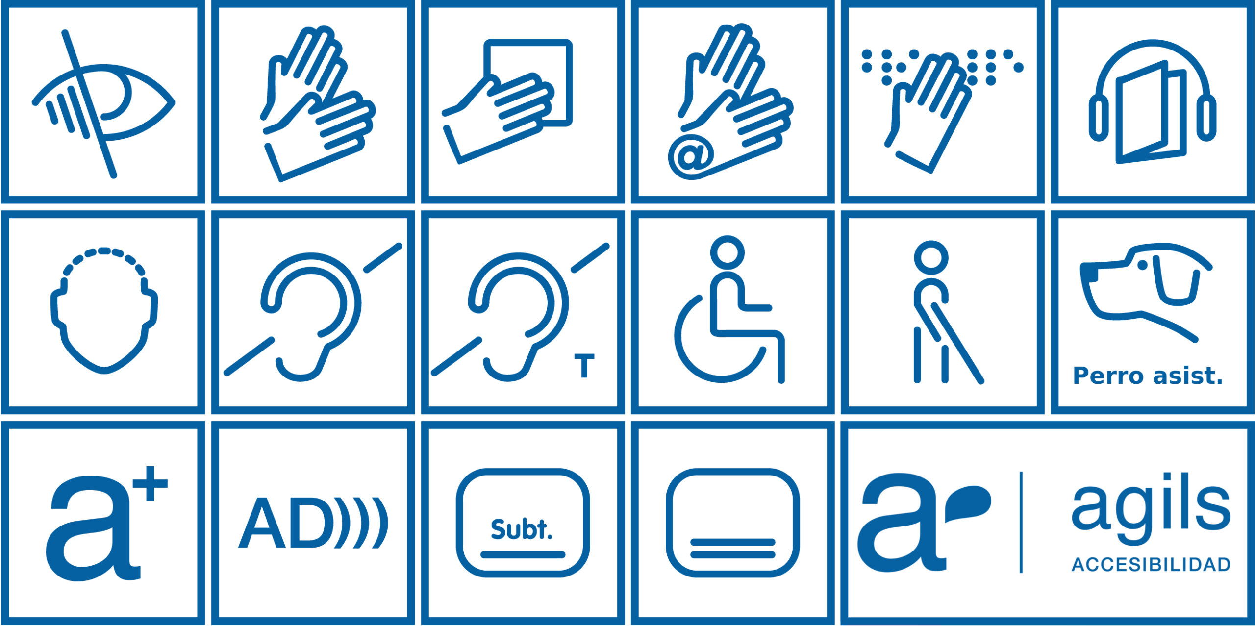 Conjunto de pictogramas de accesibilidad AGILS, versión con fondo blanco